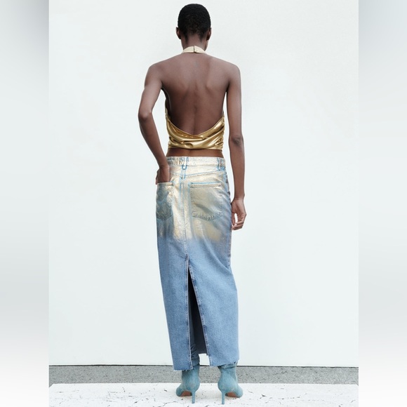 ZARA Z1975 GOLD METALLIC DENIM SKIRT - Picture 5 of 8